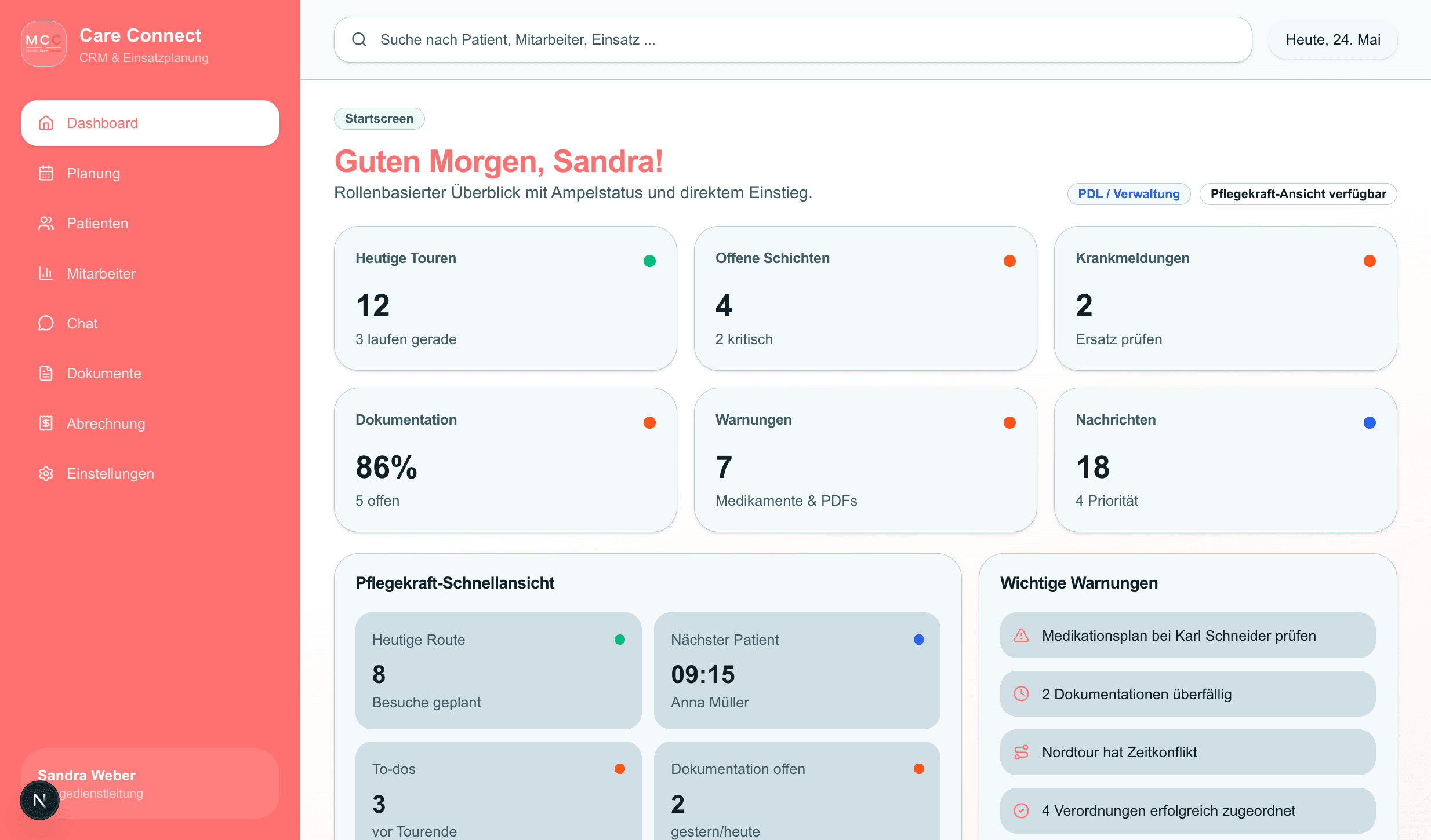 Care Connect: Dashboard mit CRM und Einsatzplanung für den Pflegedienst