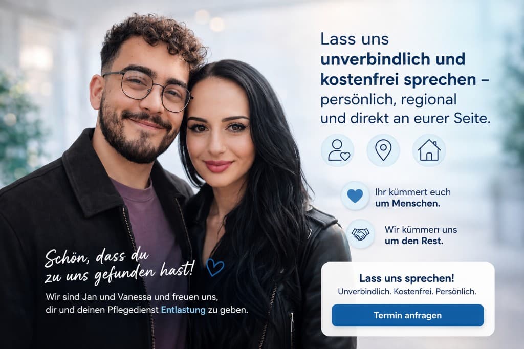 Jan und Vanessa von Macedo Care Connect: unverbindlich und kostenlos sprechen – persönlich für dich und deinen Pflegedienst